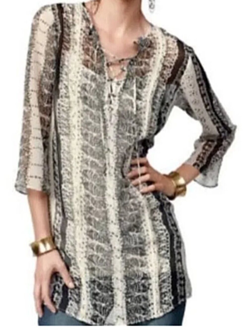 CAbi Beatnik Tunic Sheer Chiffon Lace Up Pintuck size L
